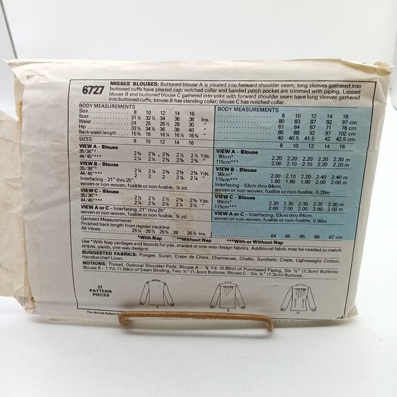 McCalls 6727 Vintage 1979 Womens Blouse Sewing Pattern Size 14 - Picture 2 of 2